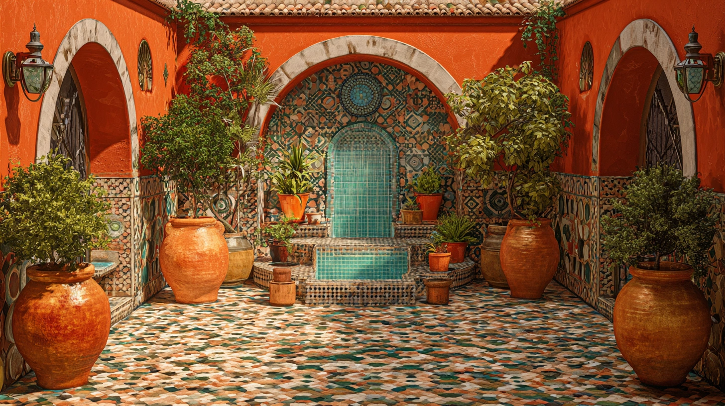 Vibrant courtyard with blue tiles and geometric mosaic patterns