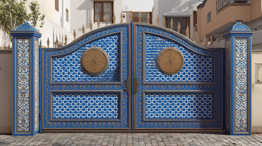 White arched gate with intricate blue Moroccan geometric patterns