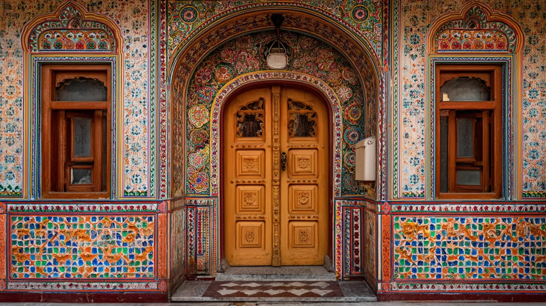 Moroccan arch door with colorful tiles and patterns