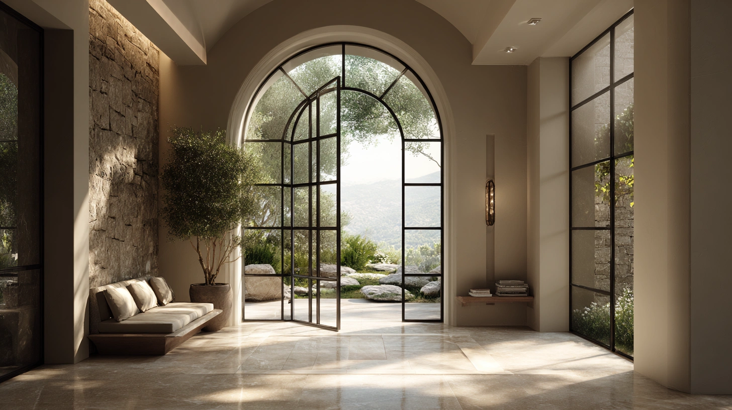 Large, black-framed arched glass doors open to a garden