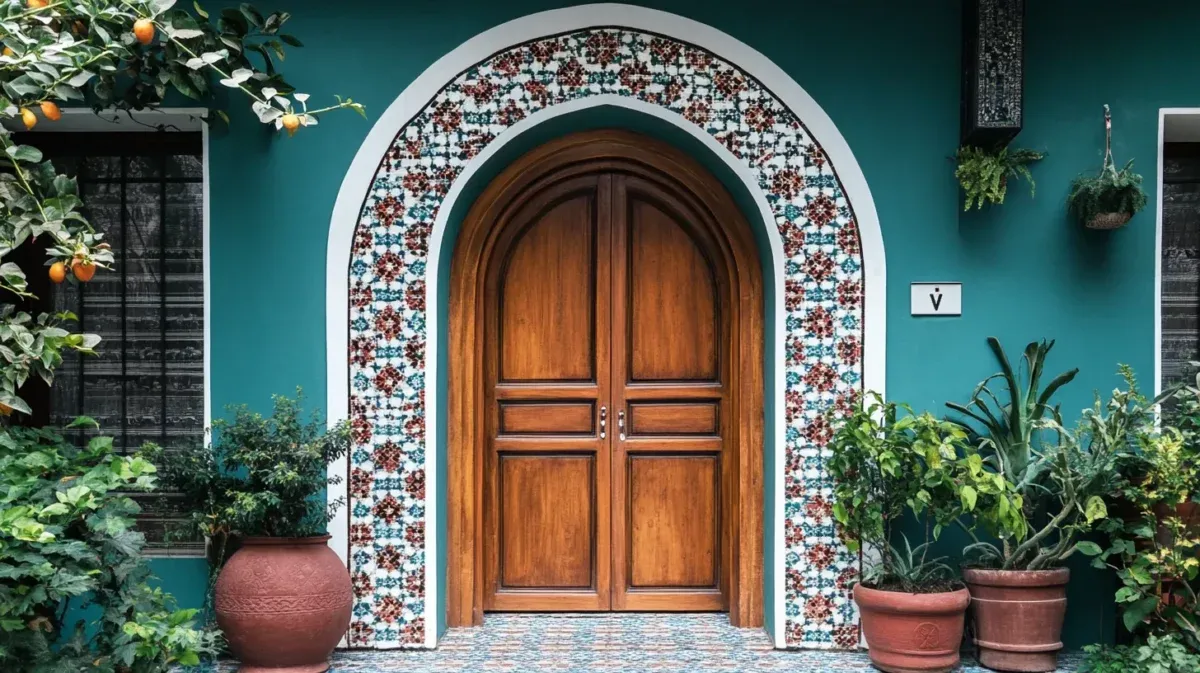Teal Moroccan-style exterior with a mosaic tile horseshoe arch