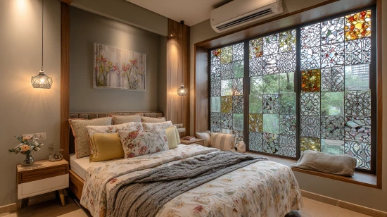 mosaic pattern window grill design for a stylish bedroom
