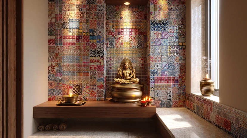 vibrant mosaic tiles crafted for artistic pooja room tile designs