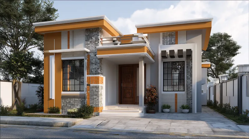 Low cost normal house front elevation with mosaic tiles