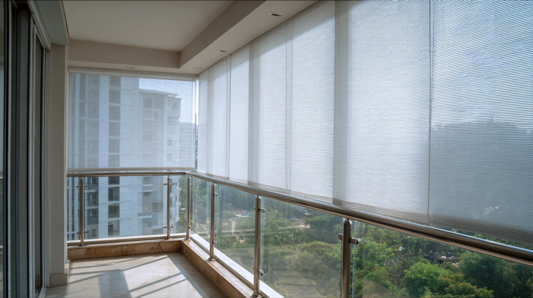 Sleek motorized grey blinds protecting a modern balcony area
