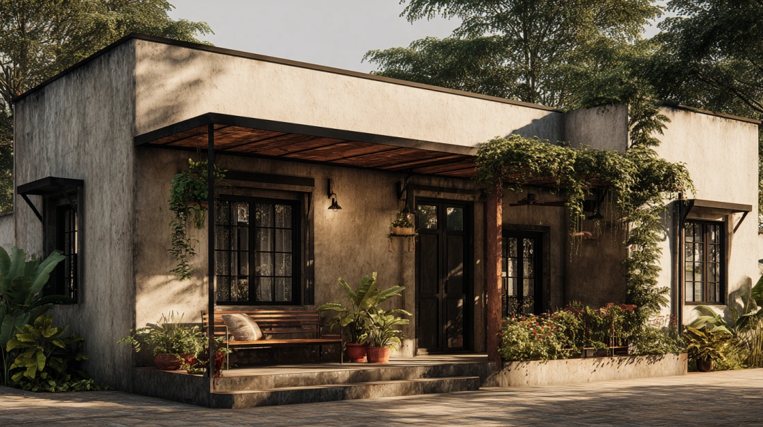Mud-textured farmhouse walls with wooden beams and veranda