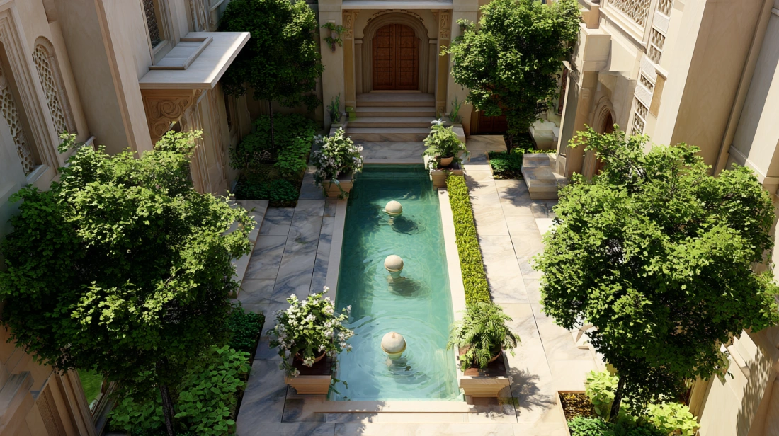 Grand symmetrical courtyard with sandstone pillars and arches
