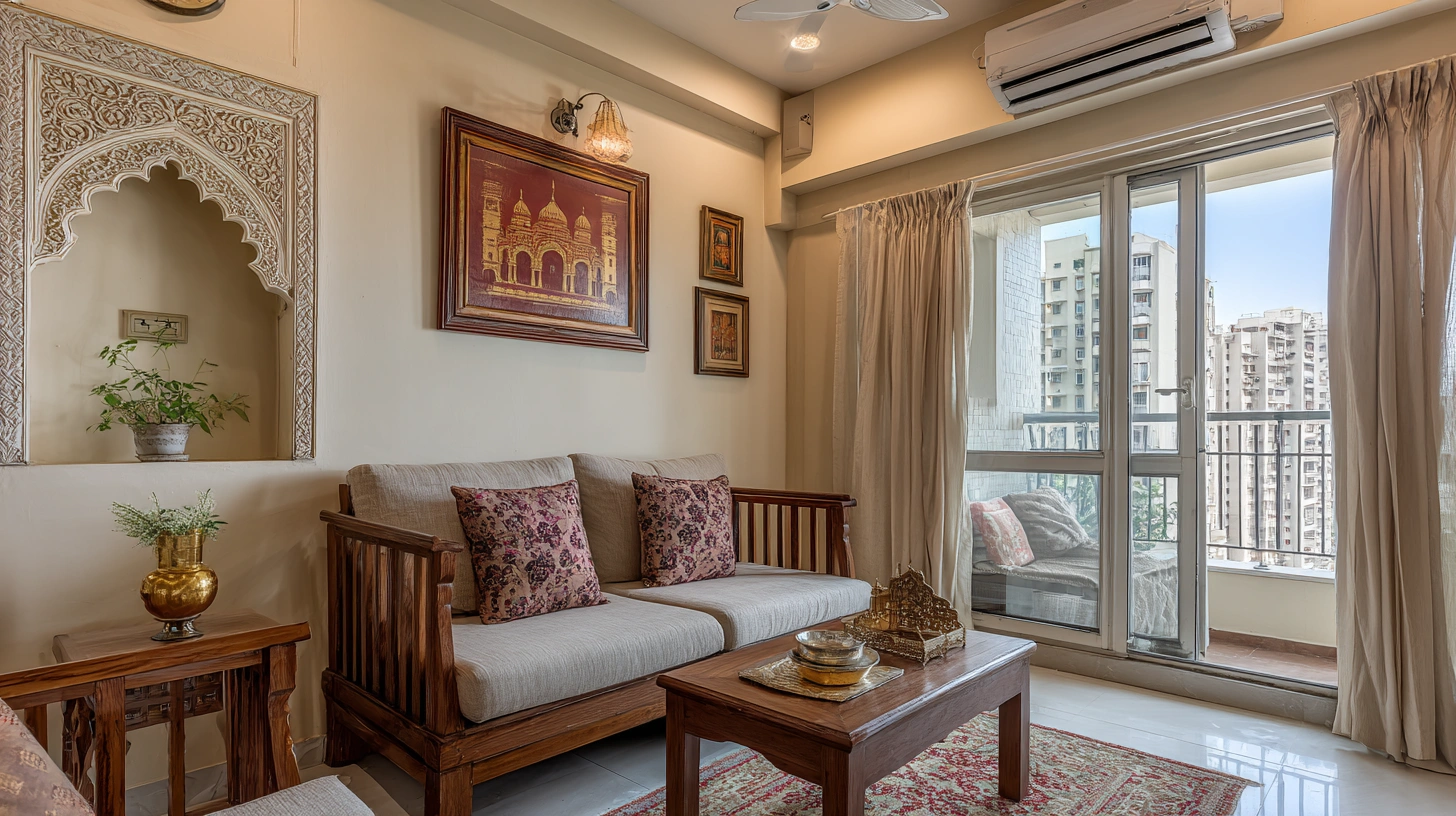 Mughal inspired living room with heritage architectural details