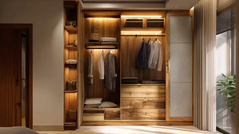 Sliding wardrobe design with multi-access corner layout