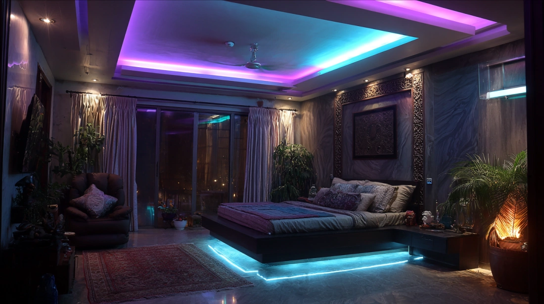 Bedroom ceiling with multi-colour RGB cove lighting