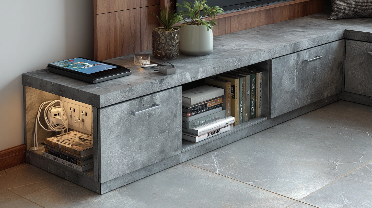 Cement cupboard storing chargers and small electronics