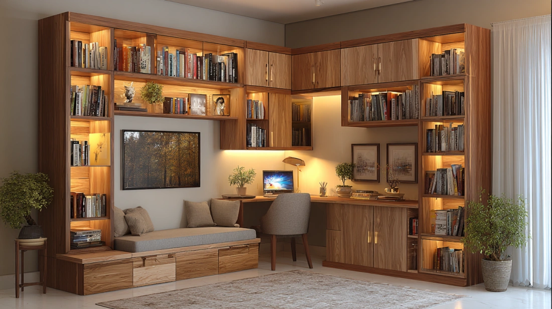 Multi-use corner TV unit with shelves and desk nook