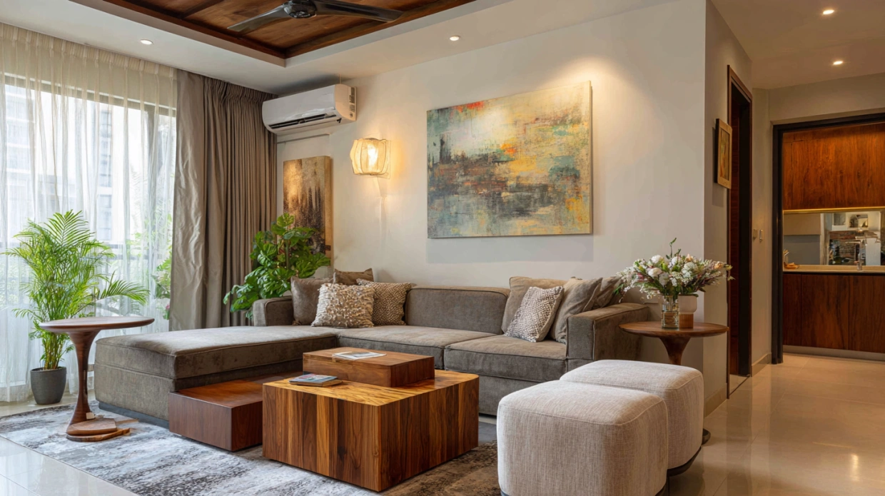 Living room with multifunctional furniture layout
