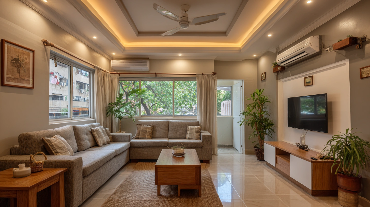 living room displaying a stepped multi level ceiling