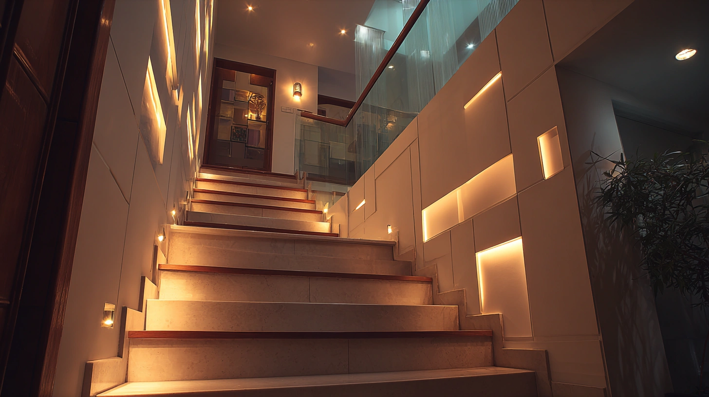 Recessed spotlights on a high ceiling above a staircase