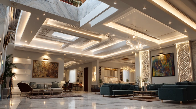 Multi-level gypsum ceiling with layered lighting