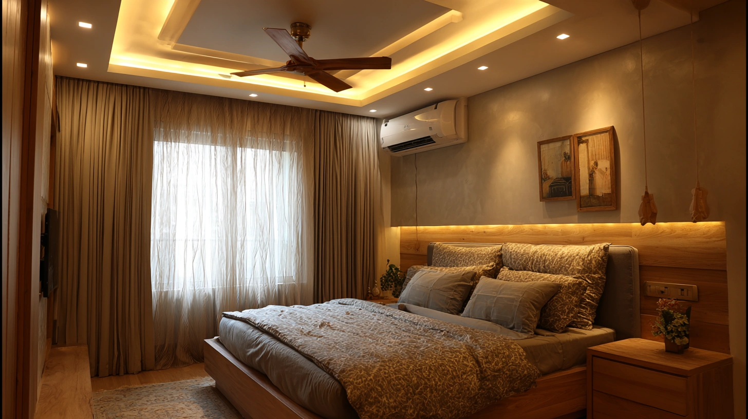 Upscale modern bedroom featuring complex layered ceiling structures