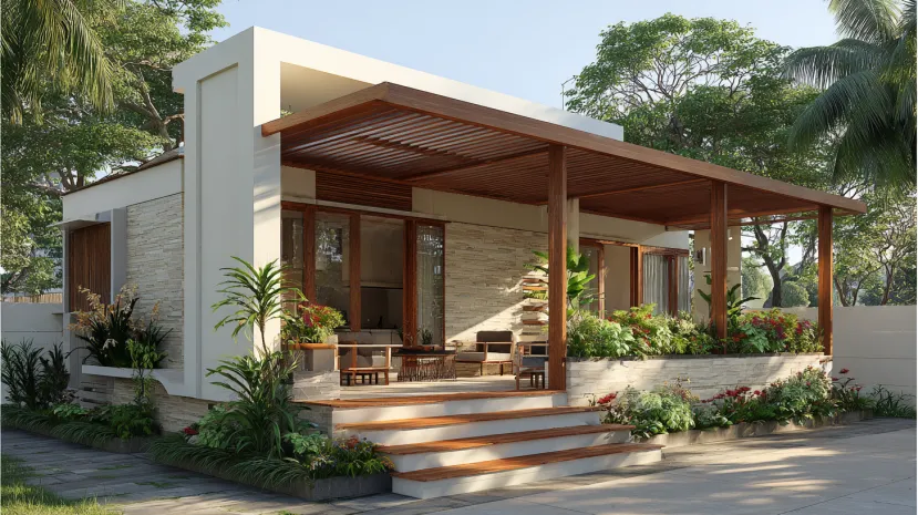 Multi-Level Porch Small House Design with wood deck.