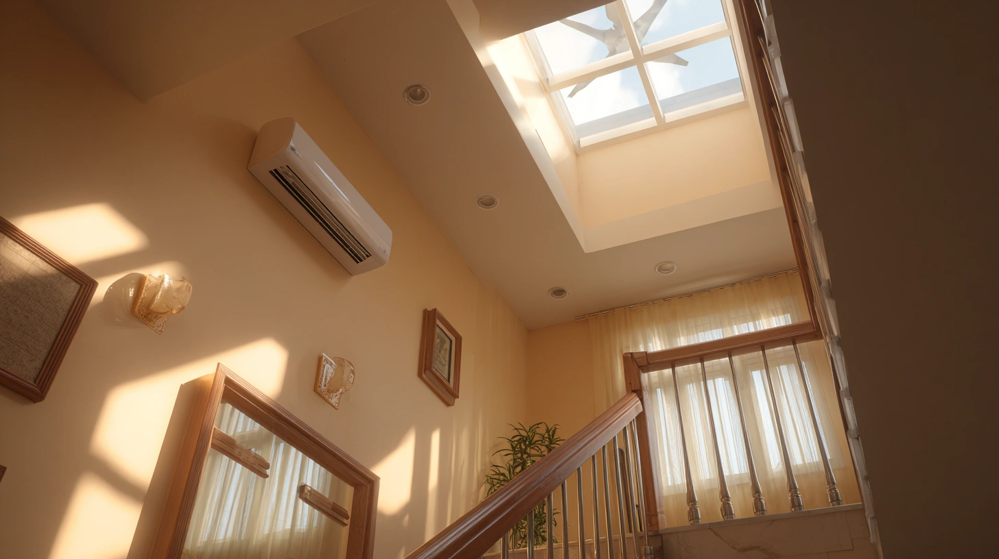 A square multi-level skylight positioned above an indoor staircase