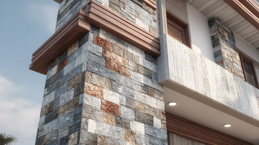 Combination of wood, stone, and plaster wall textures
