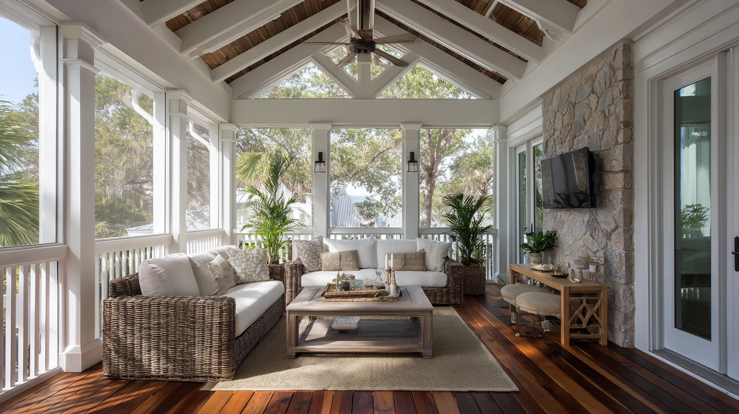 Multi-layered tray vaulted POP ceiling for high porches