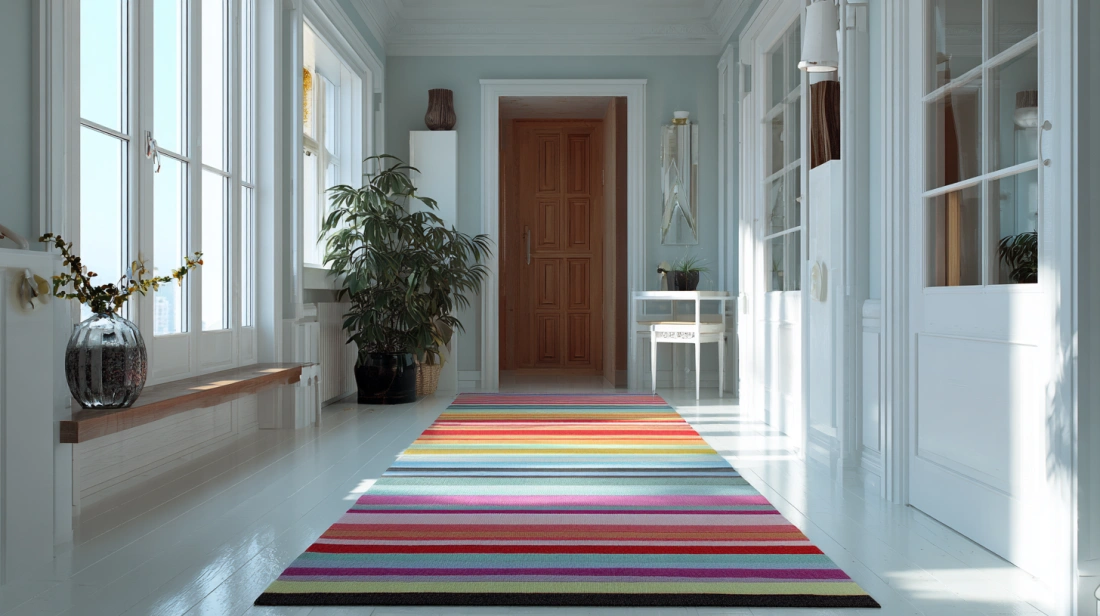 Multicolour striped rug enlivens bright white interiors