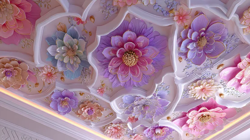 Vibrant multicoloured POP ceiling flower design with gold