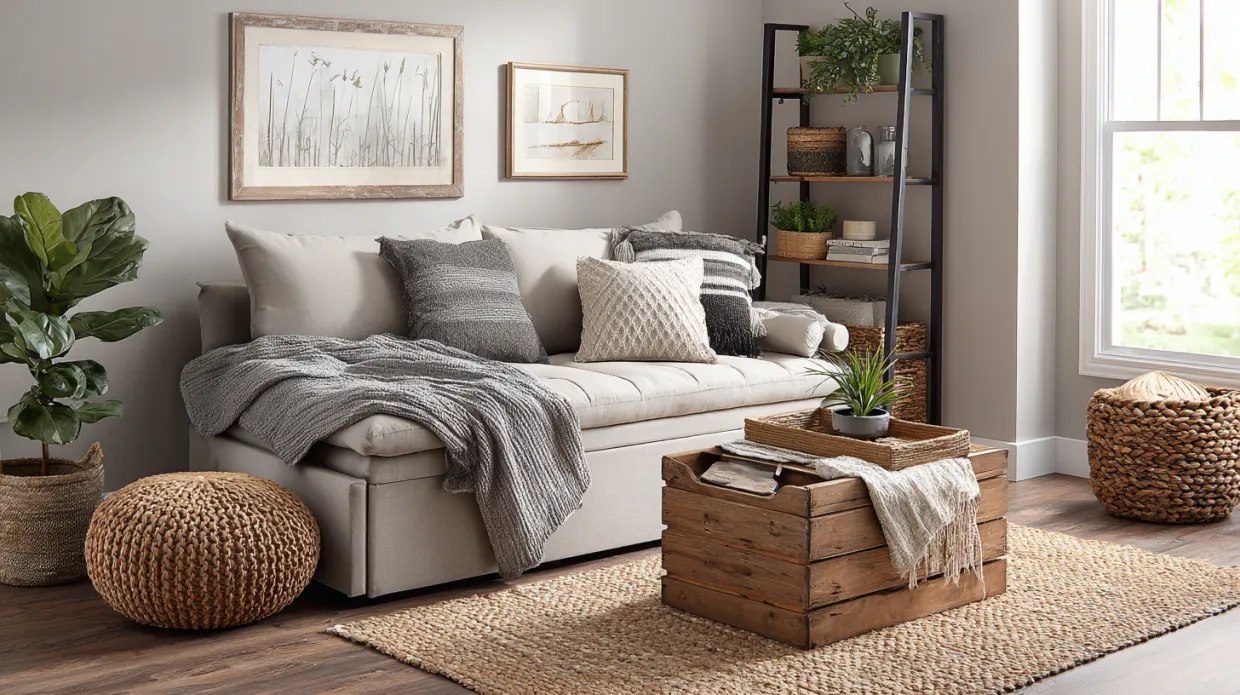 multifunctional area for guest room interior with smart furniture