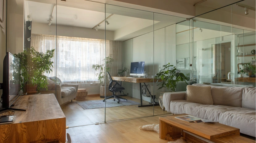 multifunctional glass wall design for living room with flexible zoning