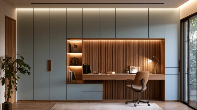 Wardrobe with integrated study table