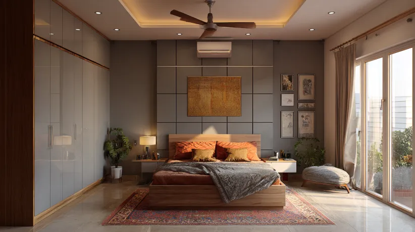 Murphy bed with integrated gray geometric wall paneling and floor lighting