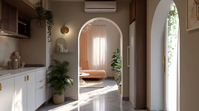 narrow kitchen entrance design with stylish arch