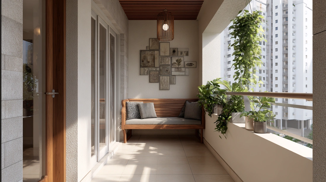 Narrow second floor balcony sitout
