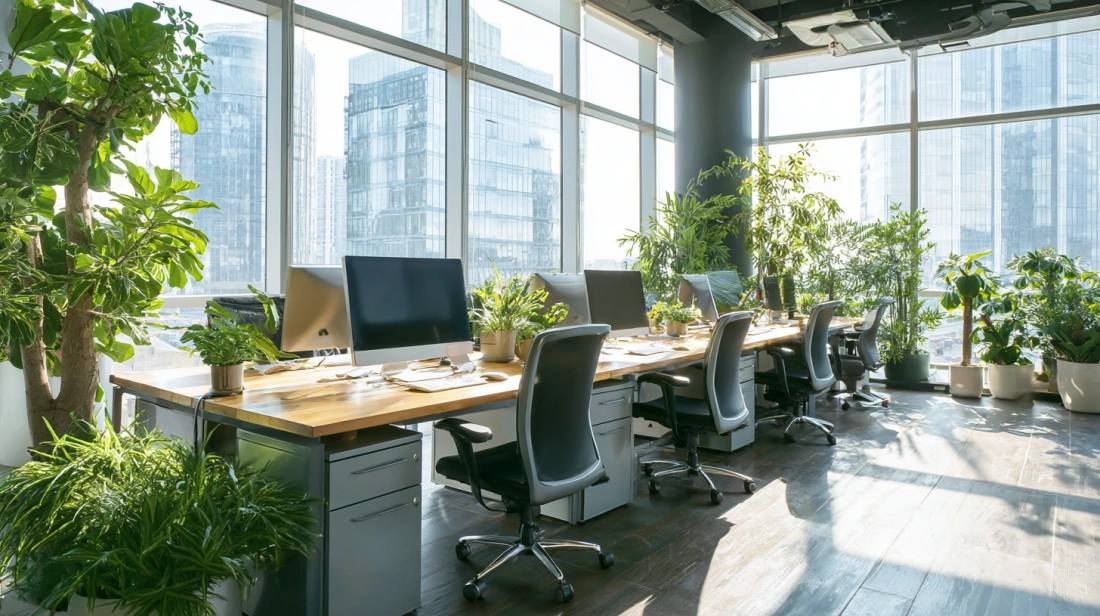Office interior featuring vertical green plant walls