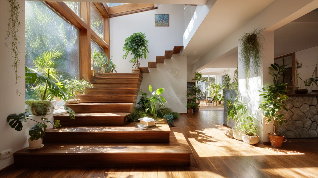 Sunlight streaming through a skylight onto a modern stair