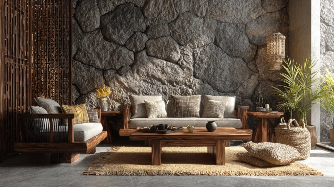 Natural materials in biophilic living room
