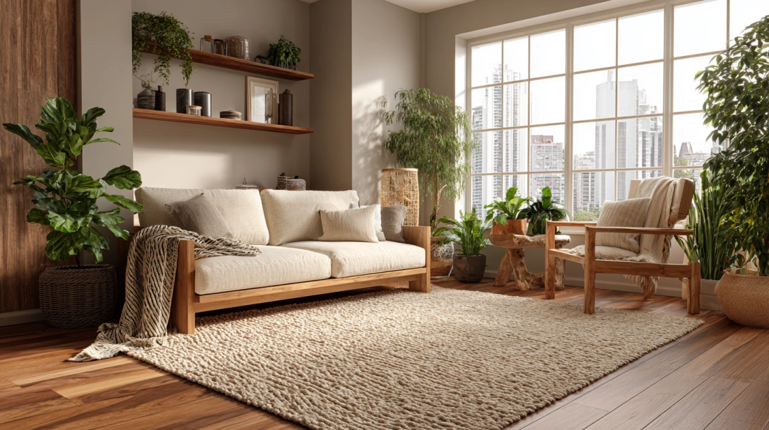 Handwoven natural rug enhances earthy Indian living room tones