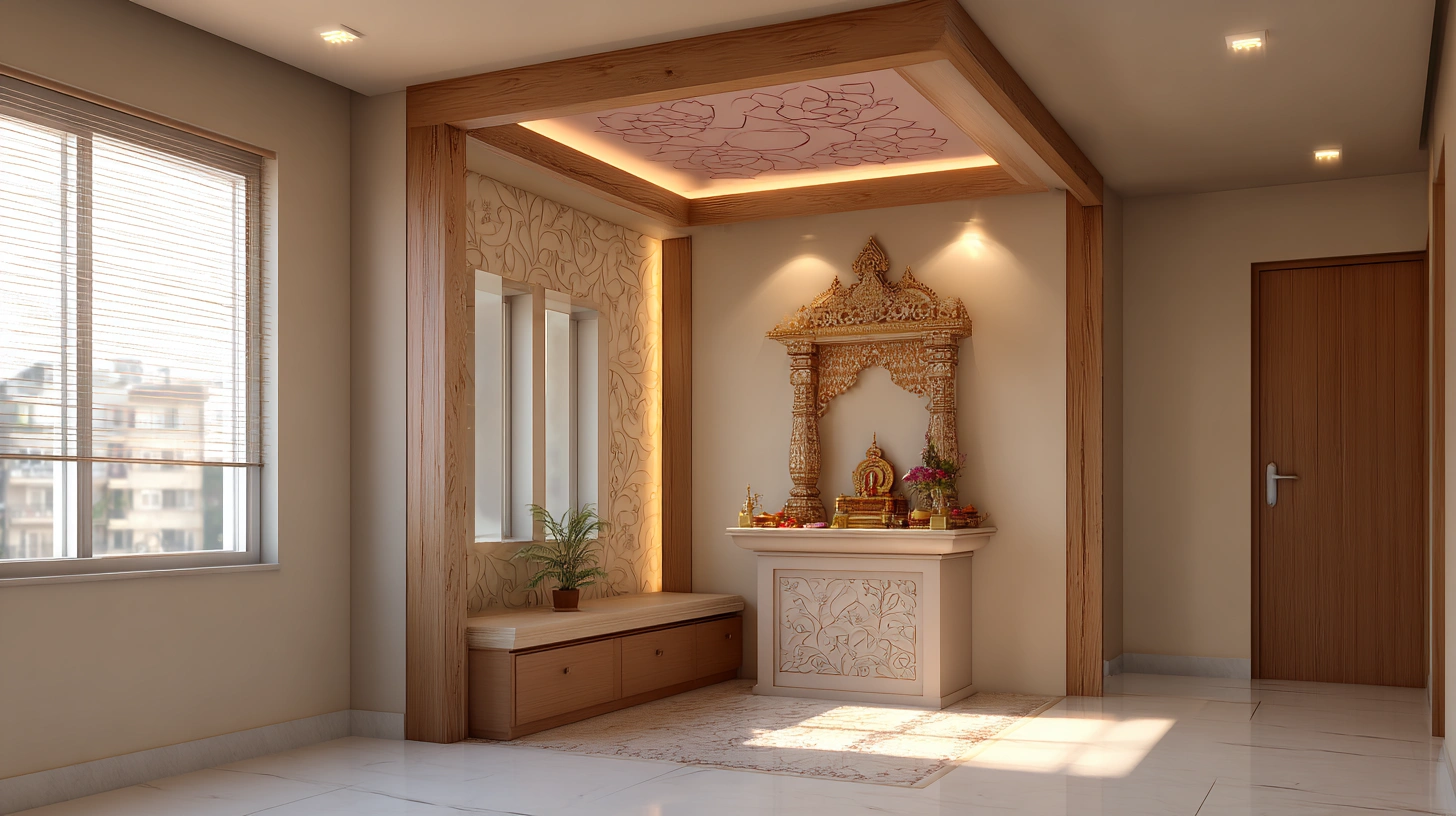 Elegant floral patterns carved into a white pooja ceiling