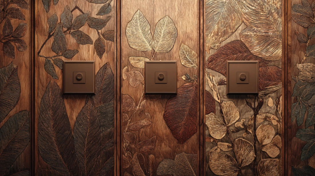 Brown dimmer switches integrated into a hand-carved floral wood wall