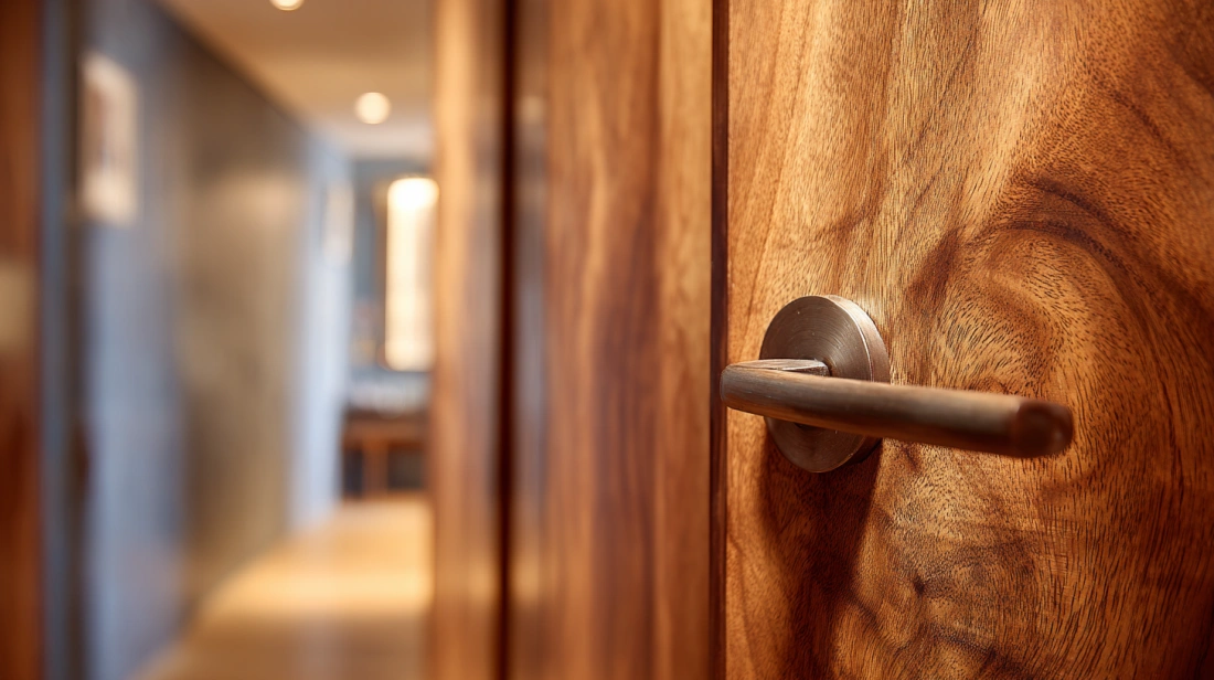 Close view of natural wood grain veneer door texture