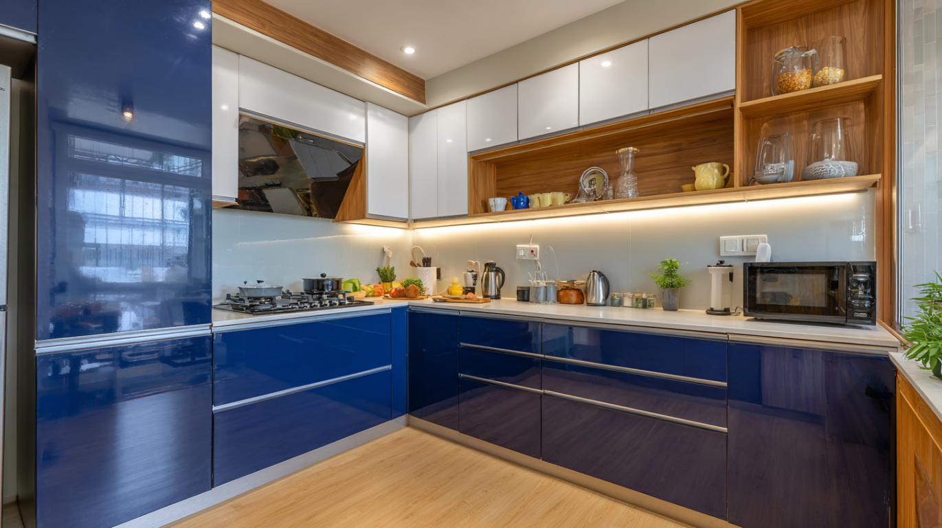 Luxurious navy blue gloss acrylic kitchen cabinet layout