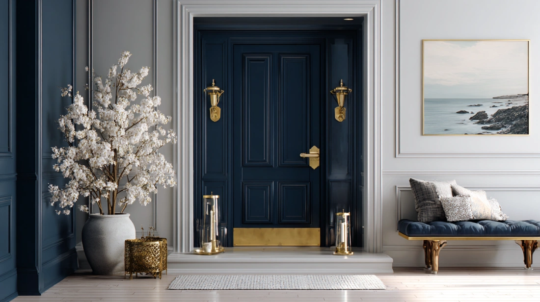 Navy blue door with gold accents elegant modern look