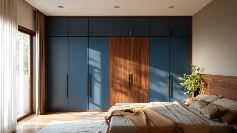 navy blue and walnut in two colour combination of wardrobe design