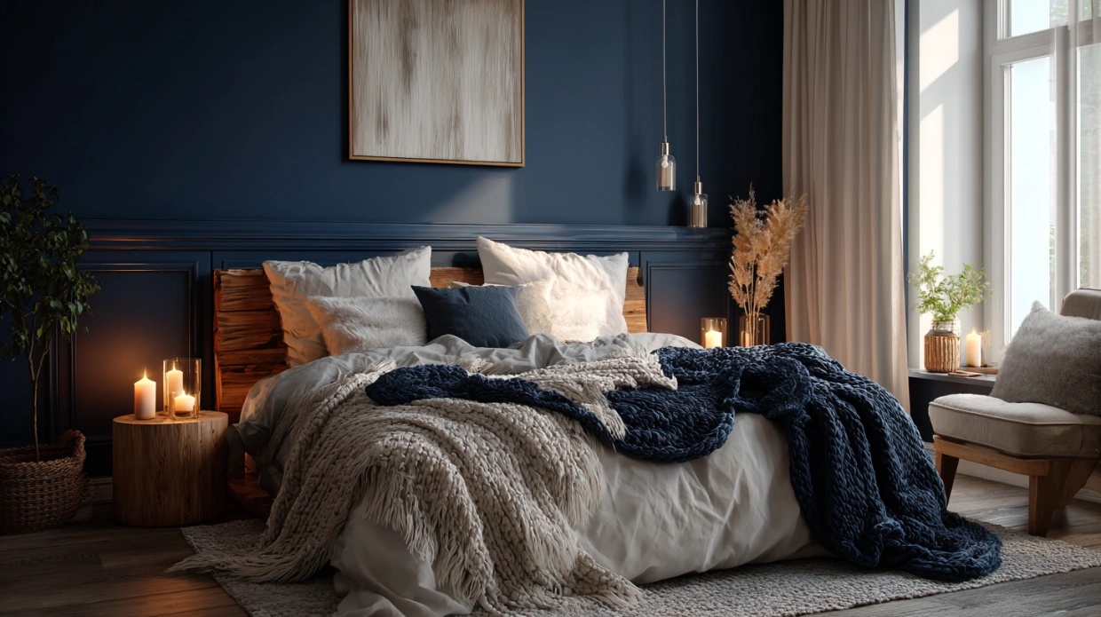 Navy and white modern bedroom with clean contrast