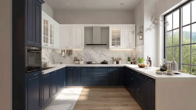 stylish kitchen with navy and white cabinet colour combination and sleek countertops