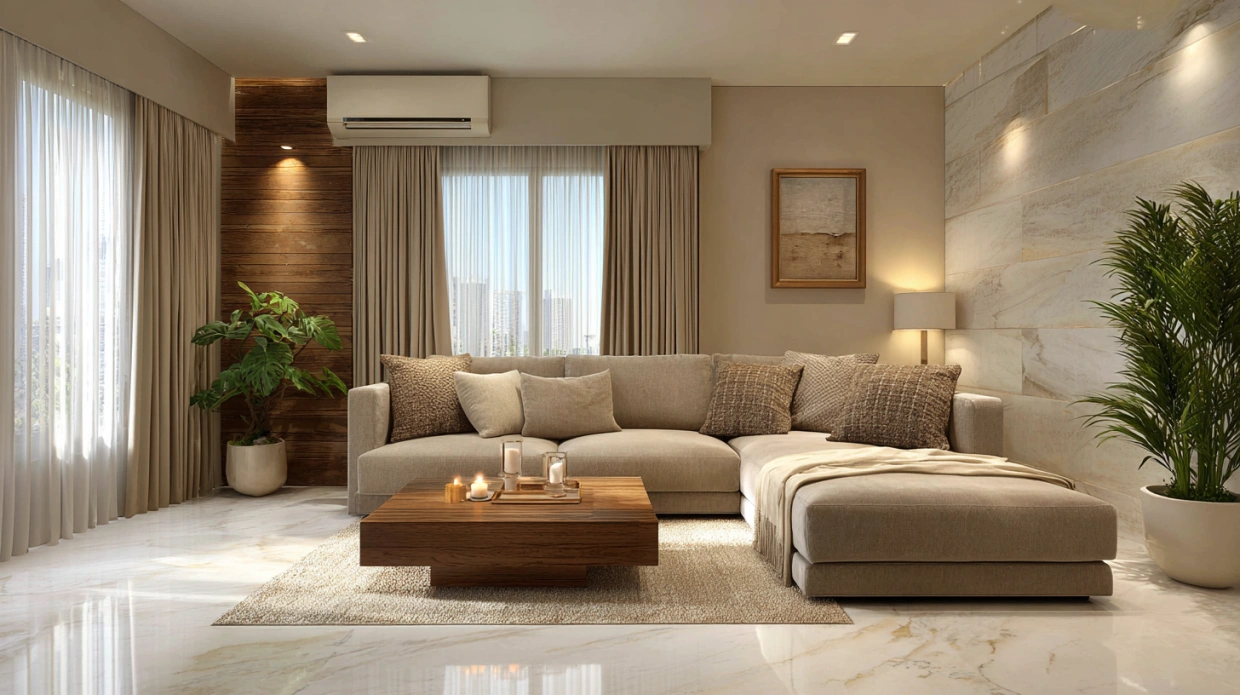 Neutral contemporary living room in an Indian home