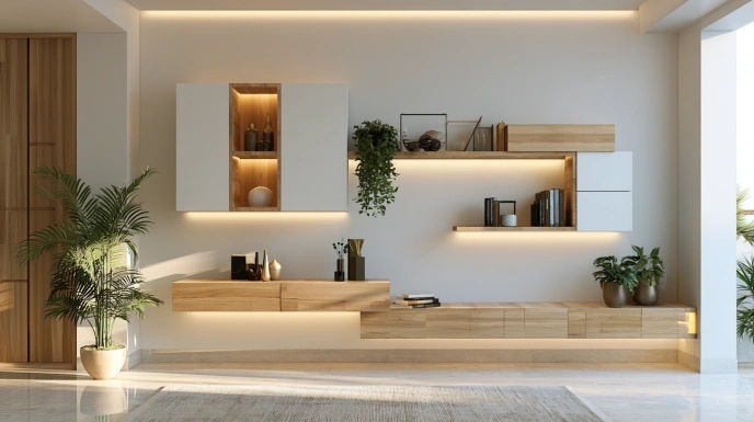 Neutral-tone showcase for hall