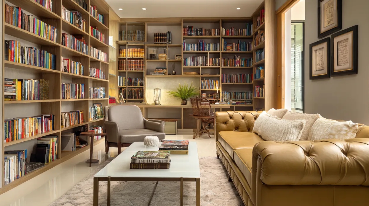 neutral tones with colourful spines in home library design