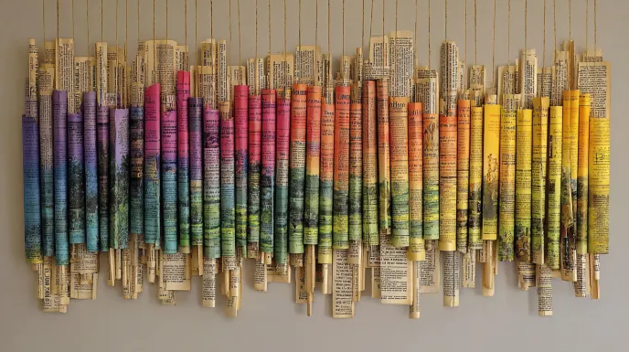 creative wall hanging made from recycled newspaper rolls