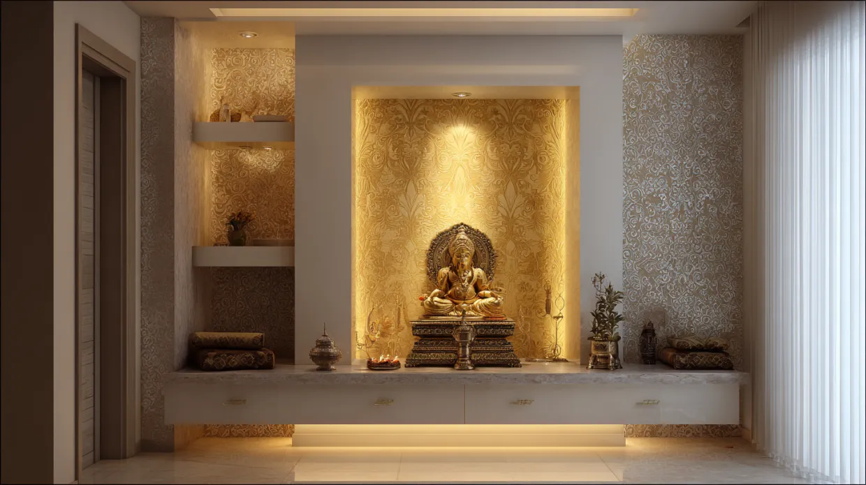 ompact niche wall puja unit with wallpaper and led lighting